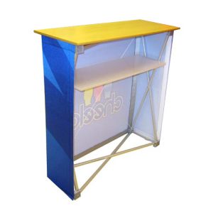 The inside of a fabric counter with built in shelf.