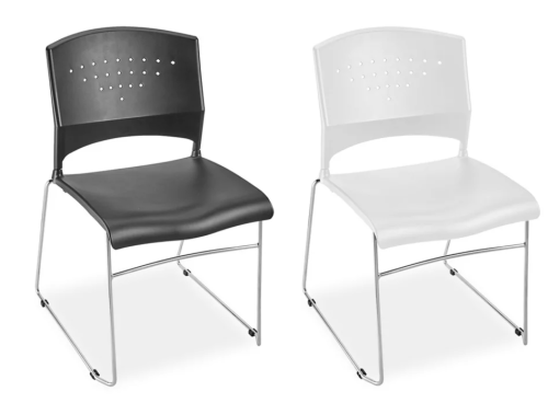 Black and white versions of simple plastic event chairs.