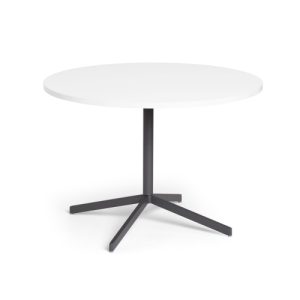 Simple white round table with black legs.