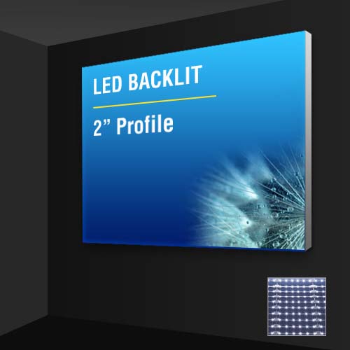 3D mock up of a wall mounted, back-lit, lightbox with a 2 inch profile frame.