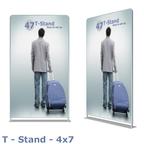 T-stand with rounded corners, features a graphic displaying the title name and a man walking away with a suitcase.