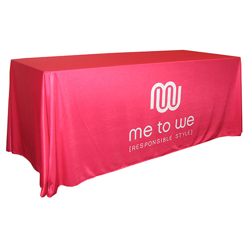 Table throw throw, like a table cloth that drapes perfectly to the floor. Reddish pink with a simple logo.