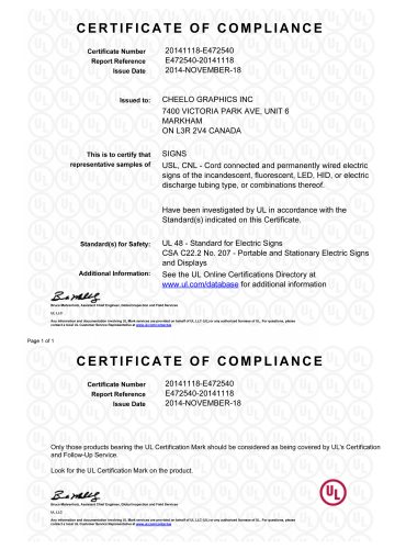UL certificate for Cheelo Graphics