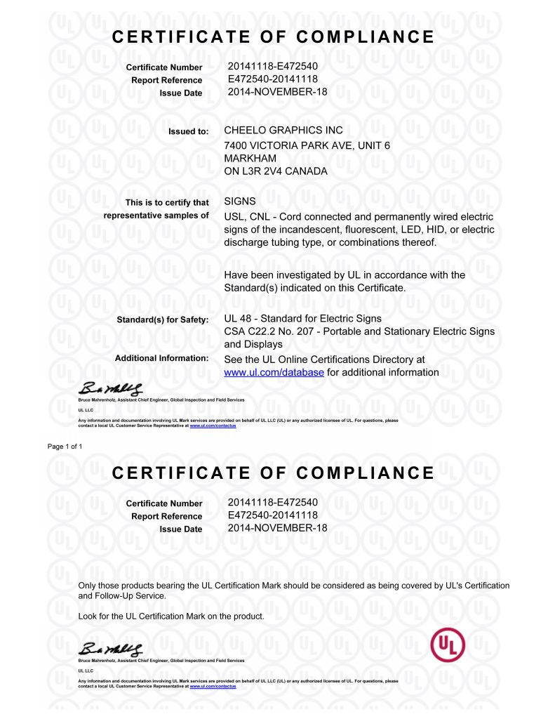 UL certificate for Cheelo Graphics